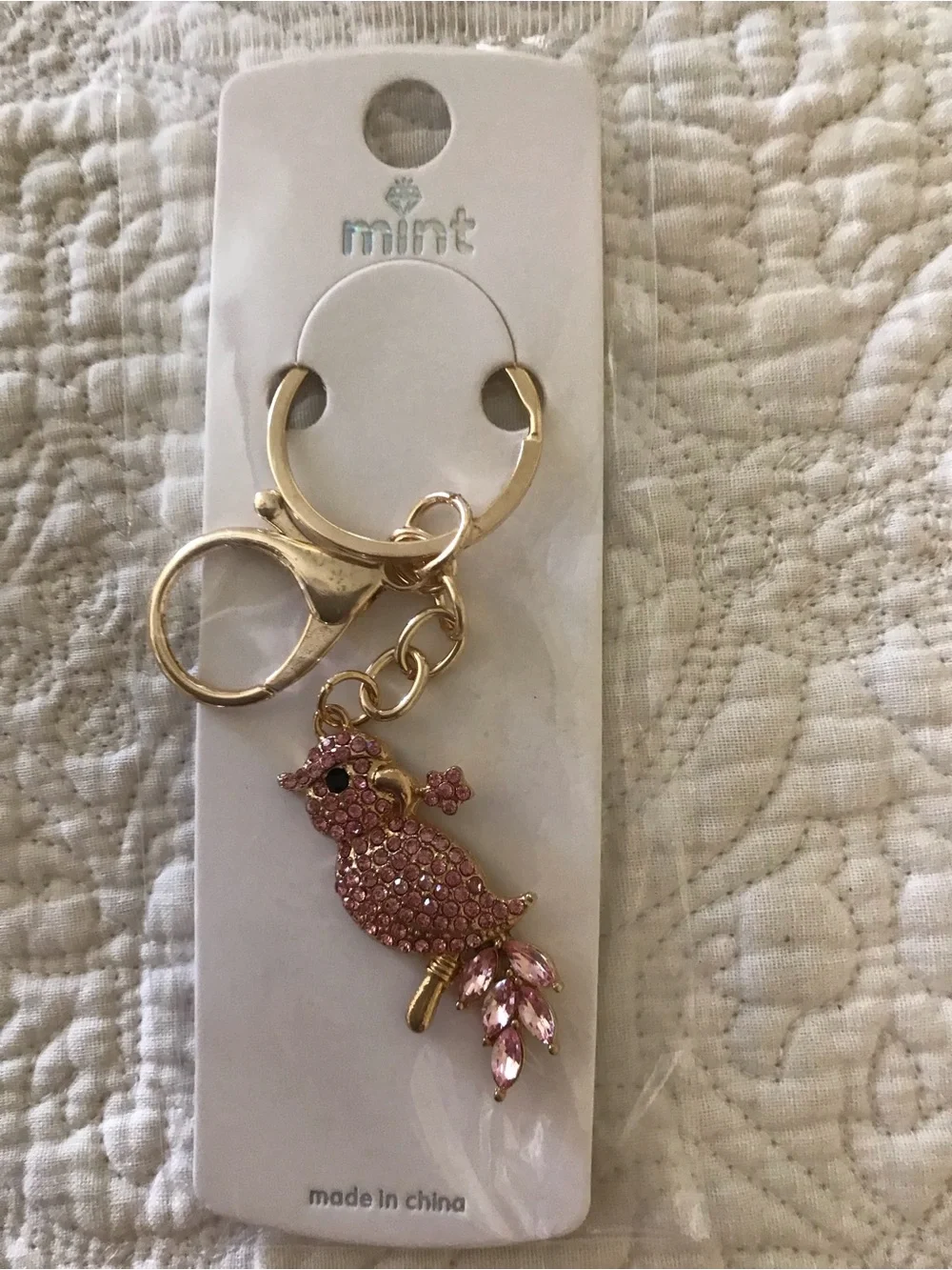 Mint Pink Crystal Bird Keychain Charm New